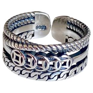 女款招财转运ins潮流小众设计复古食指尾戒戒指钱币开口镀925纯银