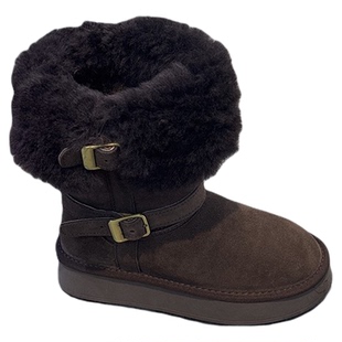 毛茸茸~羊皮毛一体加厚雪地靴女2025冬季新款皮带扣圆头套筒棉靴