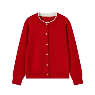 全棉时代女士红色外套圣诞本命年棉线衣毛衣条纹上衣春装26年春季