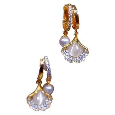 新中式银杏叶猫眼石耳扣法式精致珍珠百搭耳环时尚2024新潮网红款