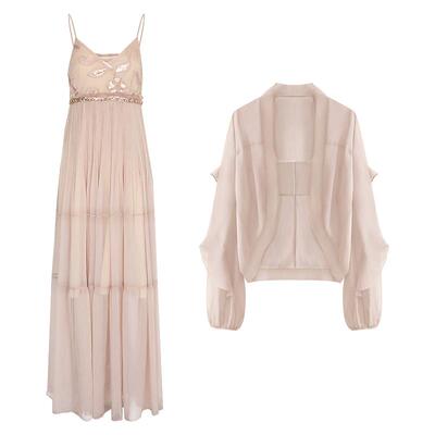 盘绣钉珠大摆吊带裙开衫套装