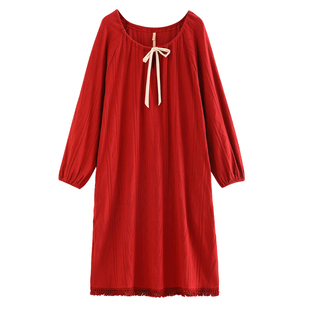 家乐芬睡裙女士睡衣春秋季秋款纯棉长袖长款连衣裙子本命年大红色