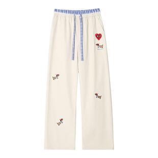 查尔斯桃心美式腊肠狗格子冰丝休闲裤男女款春秋夏慵懒直筒长裤子