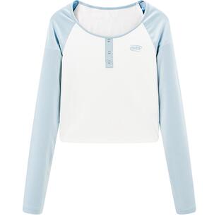 乐町韩系清甜字母刺绣插肩长袖T恤女2025春季新款蓝白撞色打底衫