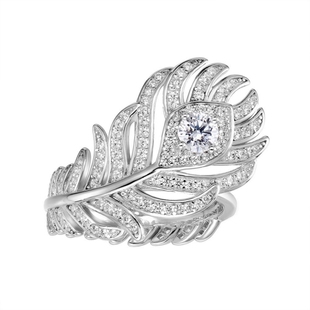 银色满钻孔雀羽毛戒指女925纯银镀金轻奢高级感晚宴婚礼个性钻戒