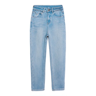 浅蓝色加绒老爹牛仔裤女冬季新款九分中厚绒保暖遮肉哈伦锥形裤子