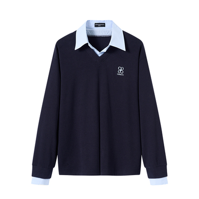 白口阳【蓝调情笺】高知学院风撞色假两件针织套头打底衫春季2026