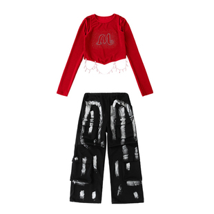 红色走秀潮服儿童女童小女孩时尚个性爵士舞衣服套装裤子酷飒风帅