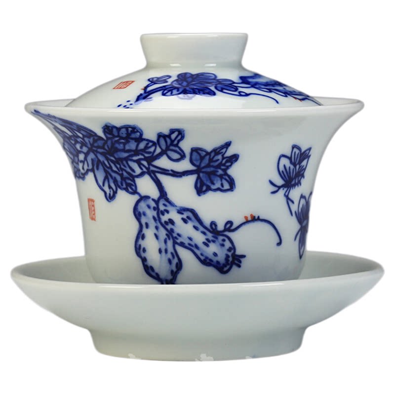 京德手工中号青花瓷泡茶包邮盖碗