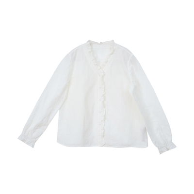 忘城亚麻棉白色V领衬衫长袖小衫