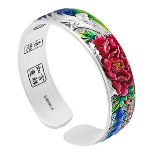 足银9999手镯手工珐琅彩开口宽银手镯妈妈款凤穿牡丹景泰蓝银手镯
