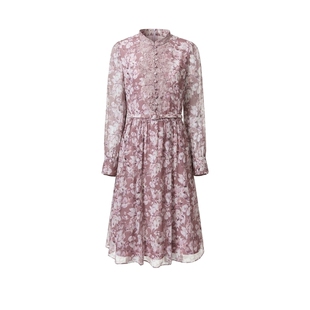 VGRASS维格娜丝春新款大定位印花蕾丝木耳边长裙叠绣立领连衣裙女