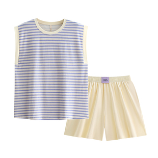 悦内带胸垫一体睡衣女款夏季无袖背心短裤纯棉家居服夏款条纹套装