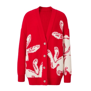 艾诺丝雅诗冬季新品通勤V领嵌花工艺纯羊毛针织衫女21211867