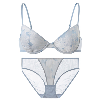 弗利少女法式内衣女士轻薄百合提花胸罩软钢圈细肩带小胸文胸套装