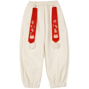 男童汉服冬季2025新款加绒加厚保暖裤男宝宝古风运动裤针织长裤