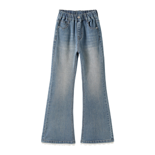 女大童蕾丝边微喇牛仔裤2025春夏装新款初中生少女显瘦弹力喇叭裤