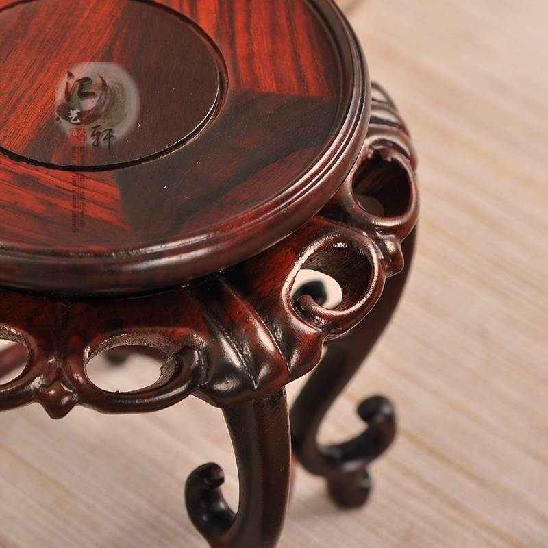 红木红酸枝微型瓜棱简约花几实木圆形高脚花瓶小盆景摆件古玩底座