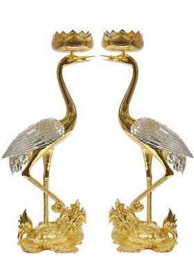 锡烛台龙龟仙鹤烛台一对烛台摆件家用灯台蜡台仙鹤踏龙龟烛台合金