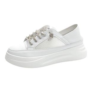 透气网面小白鞋女2026夏季款松糕厚底增高单鞋一脚蹬水钻鞋带板鞋