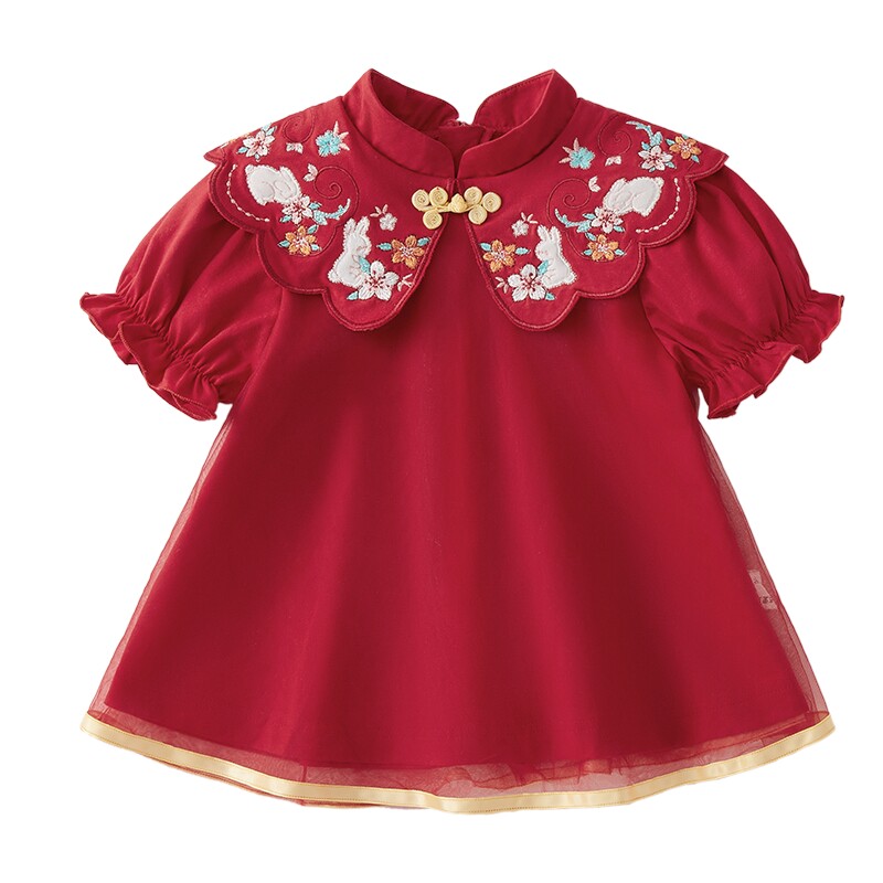 [抗菌]婴儿公主裙女宝宝红色裙子婴幼儿周岁礼服礼盒装女童连衣裙