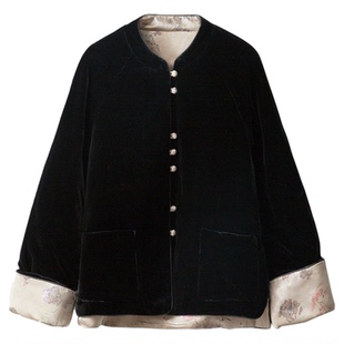 丝艺双面穿100%桑蚕丝底布丝绒90鹅绒羽绒服撞色挽袖立领真丝外套