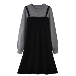 夏法式复古假两件针织拼接连衣裙女秋冬季新款打底内搭毛衣裙不晚