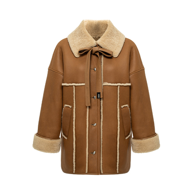 【限量款】reineren任茜2025冬季红棕色剪羊毛皮毛一体翻领外套