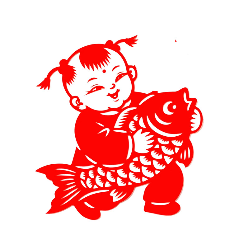 锦鲤赐福年画娃娃红色剪纸贴纸窗户推拉门玻璃门治愈透明贴纸自粘