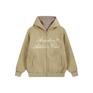 ATRY连帽卫衣开衫男国潮牌美式休闲复古宽松双面千鸟格夹克外套女