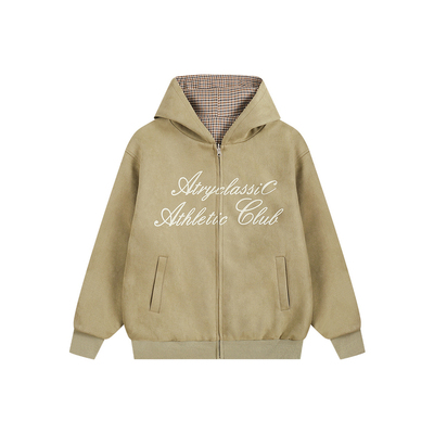 美式休闲复古千鸟格连帽卫衣开衫