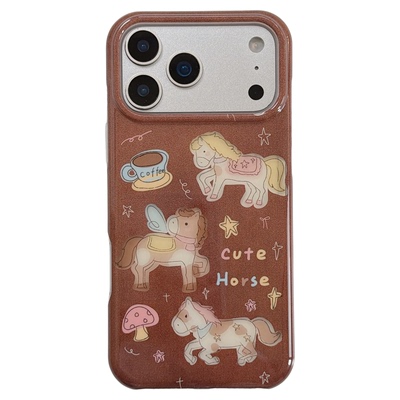 jze 秋冬棕底油画咖啡小马手拎绳适用苹果17ProMax手机壳iphone15新款16pro女款13双层15pro创意14防摔保护套