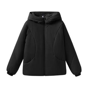 班尼路黑色连帽棉服女2025冬季新款韩版小个子短款宽松加厚棉袄Q