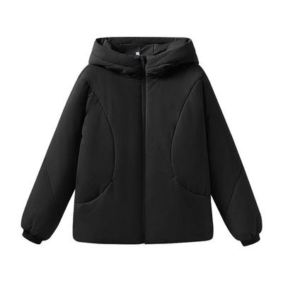 班尼路黑色连帽棉服女2025冬季新款韩版小个子短款宽松加厚棉袄Q