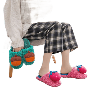 艺帛冬季可爱卡通毛绒棉拖鞋室内家居保暖加绒厚底毛毛拖鞋女冬天