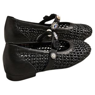 MILLIE'S/妙丽单鞋渔网鞋镂空平底鞋水钻真皮内里编织女鞋凉鞋夏