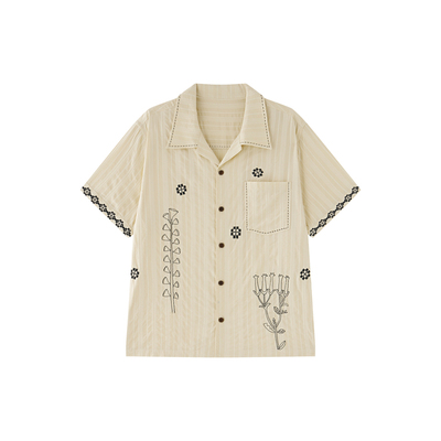 haiku “casa” 重工刺绣古巴领短袖衬衫套装腰头刺绣细褶半裙