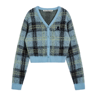 RestandRecreation官方2025秋冬新款RR马海毛格纹短款V领针织开衫