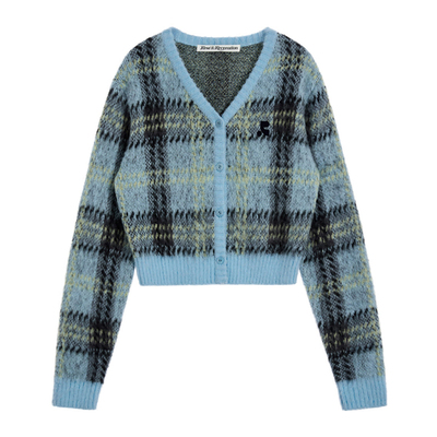 RR马海毛格纹短款V领针织开衫