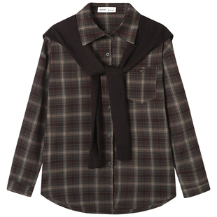 慕兔复古配披肩格子长袖衬衫女2026春新款慵懒风宽松休闲咖色上衣