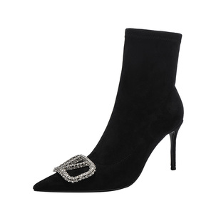 V扣高跟短靴新款法式尖头高跟气质弹力靴水钻方扣细跟加绒瘦瘦靴