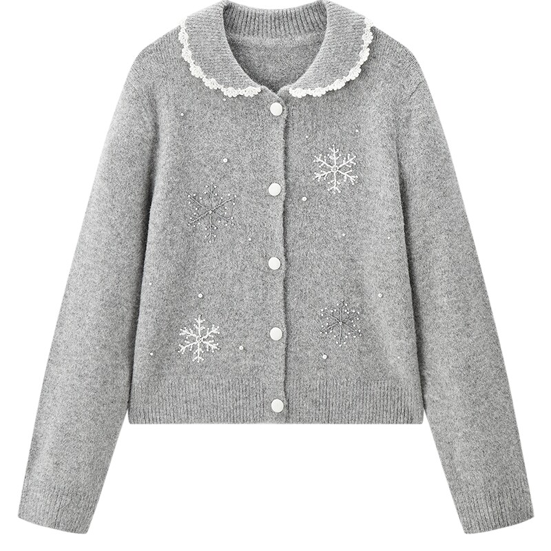 乐町甜美花边翻领毛衣开衫冬季新款雪花绣花软糯正肩内搭灰色上衣