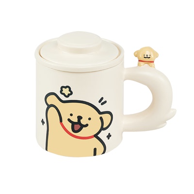 言仓线条小狗泡茶分离杯带滤托陶瓷水杯办公室茶杯生日礼物