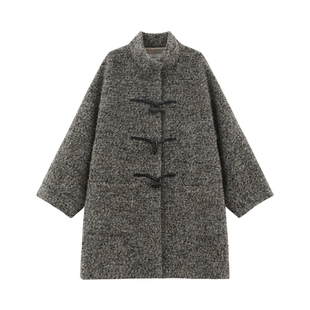 【景明】重磅羊驼羊毛花呢真皮牛角扣复古廓形毛呢外套大衣-FW318