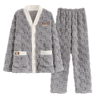 浪莎男士睡衣冬季加绒加厚珊瑚绒保暖法兰绒秋冬天开衫家居服套装