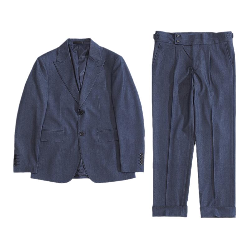 川泽男士牛仔蓝修身韩版西服套装