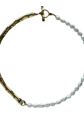 WY天然白灰巴洛克珍珠AB金银金属链男女情侣百搭颈链项链甜酷风