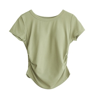 贴身日记打褶收腰遮肚显瘦正肩短袖棉T恤女带胸垫免穿文胸短上衣