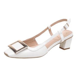 CK&&RV方扣漆皮凉鞋低跟粗跟单鞋春夏新款包头侧空白色女鞋时尚