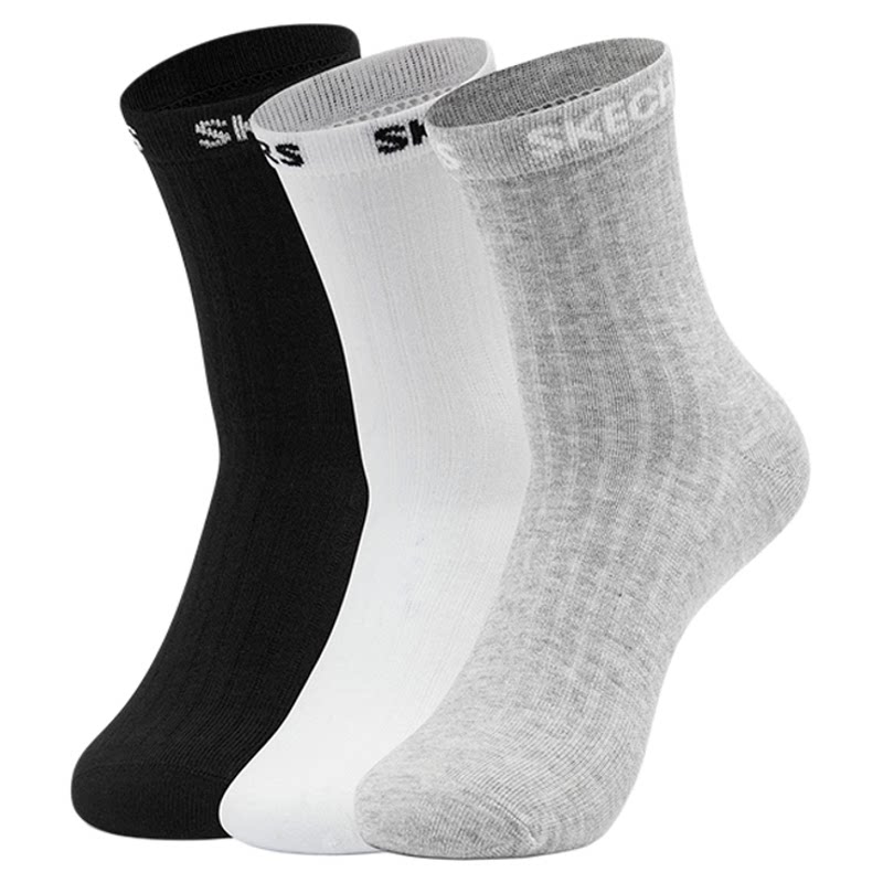Skechers斯凯奇缤纷休闲系列男女款运动中筒袜简约LOGO袜子3双装